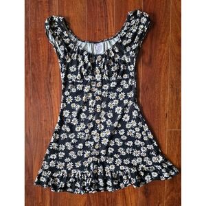 No Boundaries Black Daisy Floral Button Front Ruffle Mini Dress Small 3-5